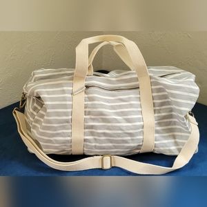 Known Supply Weekend Duffle, medium, grey/cream horizontal stripe.